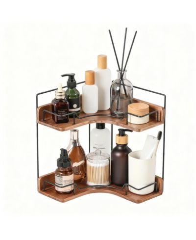 YIGII 2-Tier Wooden Corner Shelf Bathroom Counter Organizer Vanity Makeup Storage