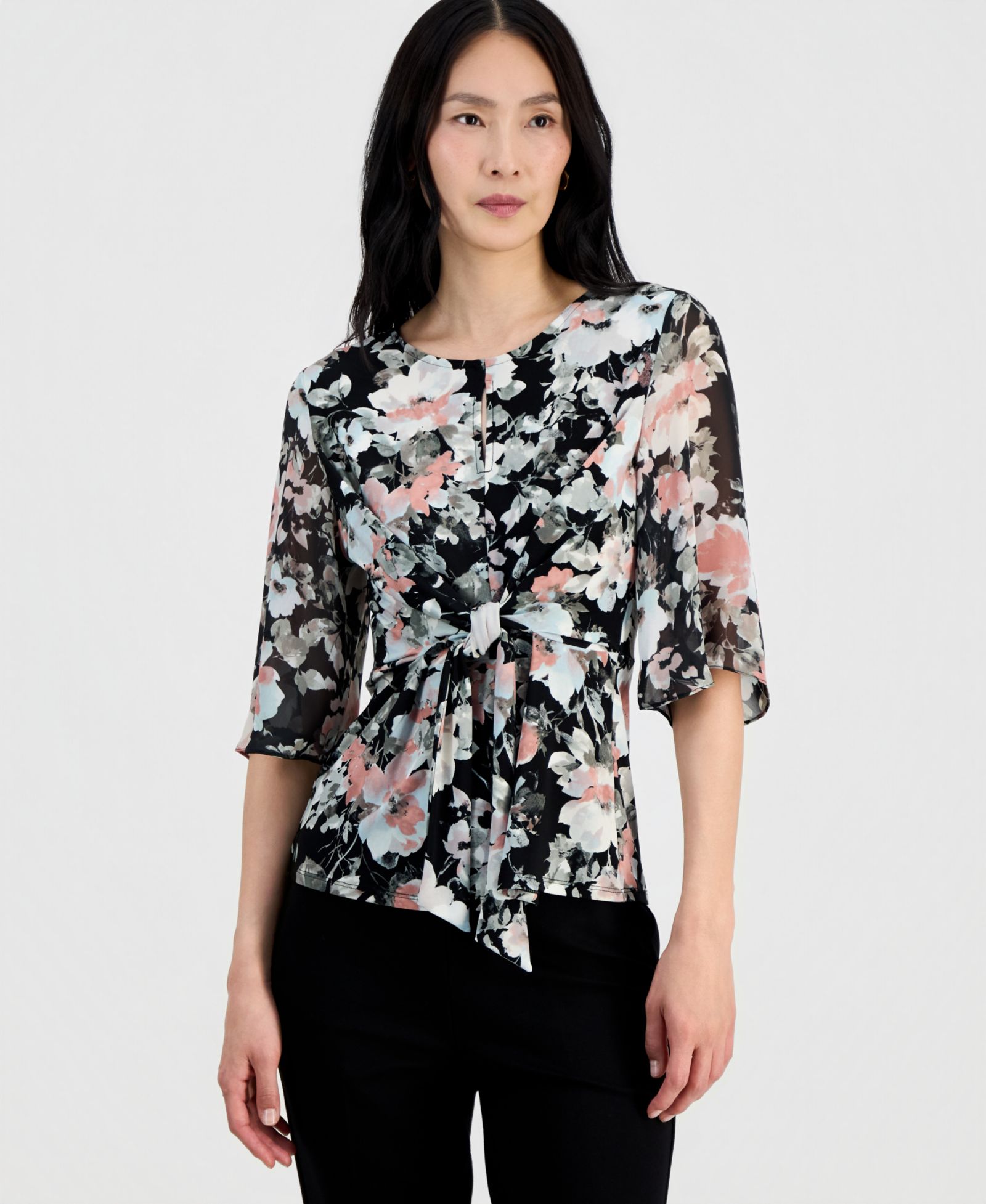 Kasper Women's Mixed-Media Tie-Front Top