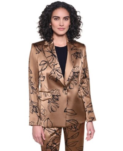 KARL LAGERFELD PARIS Women's Satin Floral One-Button Padded Shoulder Blazer