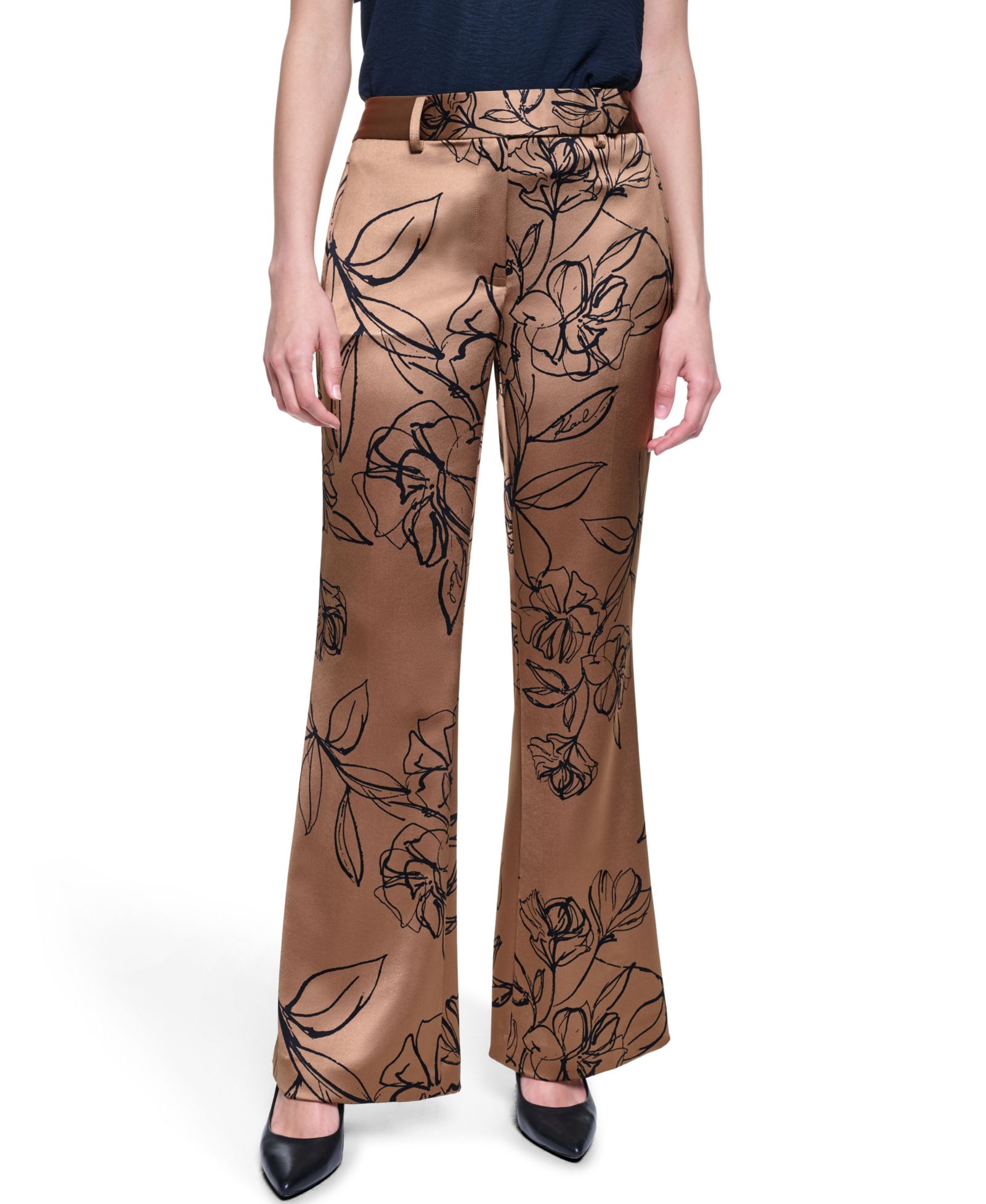 KARL LAGERFELD PARIS Women's Floral Satin Mid-Rise Full Length Pants