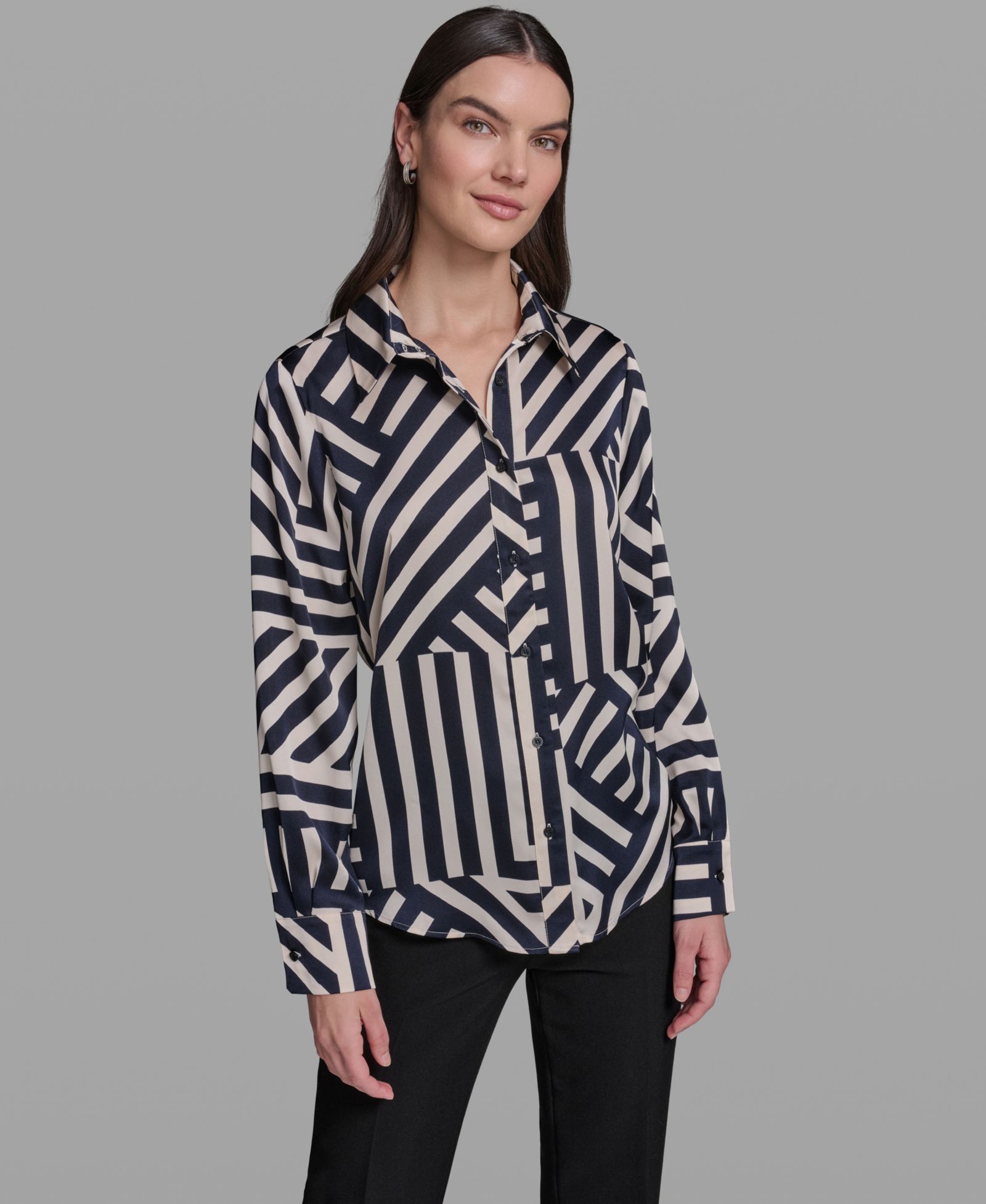 KARL LAGERFELD PARIS Women's Collared Long-Sleeve Geometric Blouse