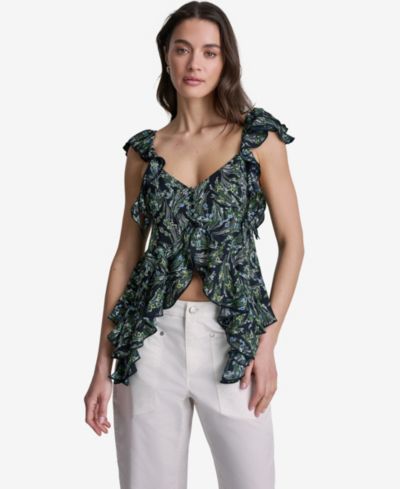 BCBG топ Women's Floral Print Ruffled V-Neck