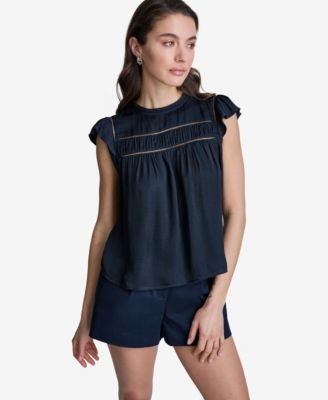 BCBG Women's Flutter-Sleeve Crewneck Blouse