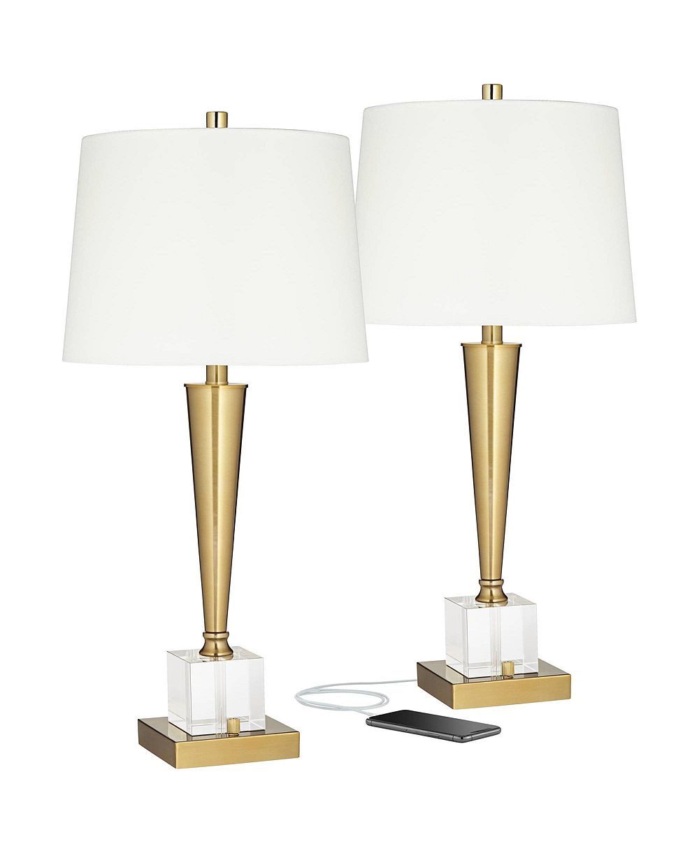 Possini Euro Design современные настольные лампы Wayne, комплект из 2 шт., высота 29 1/4", латунь с USB портом, тканевый абажур для спальни и гостиной, Детский