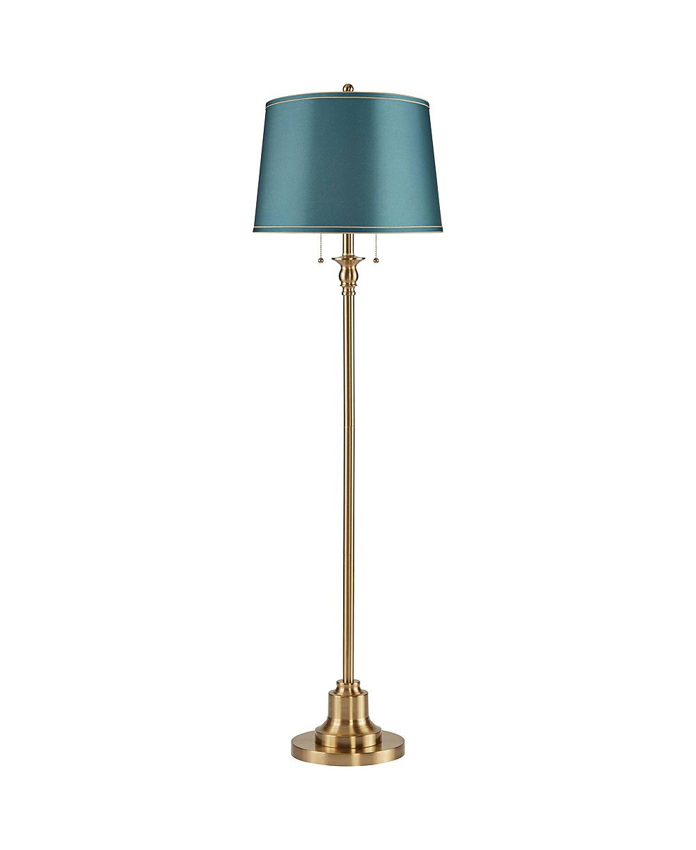 360 Lighting Dyna Traditional Tall 2-Light Standing Floor Lamp Pole Pull Chain Antique Brass Finish Drum Soft Teal Shade