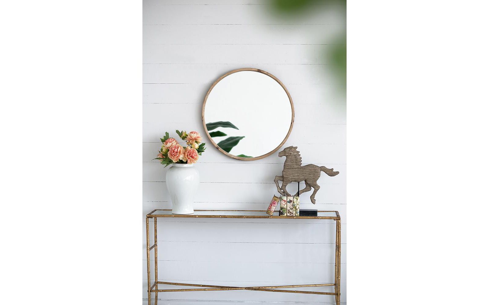 BUSDAYS 28" Round Wood Mirror, Wall Mounted Mirror Home Decor for Bathroom Living Room