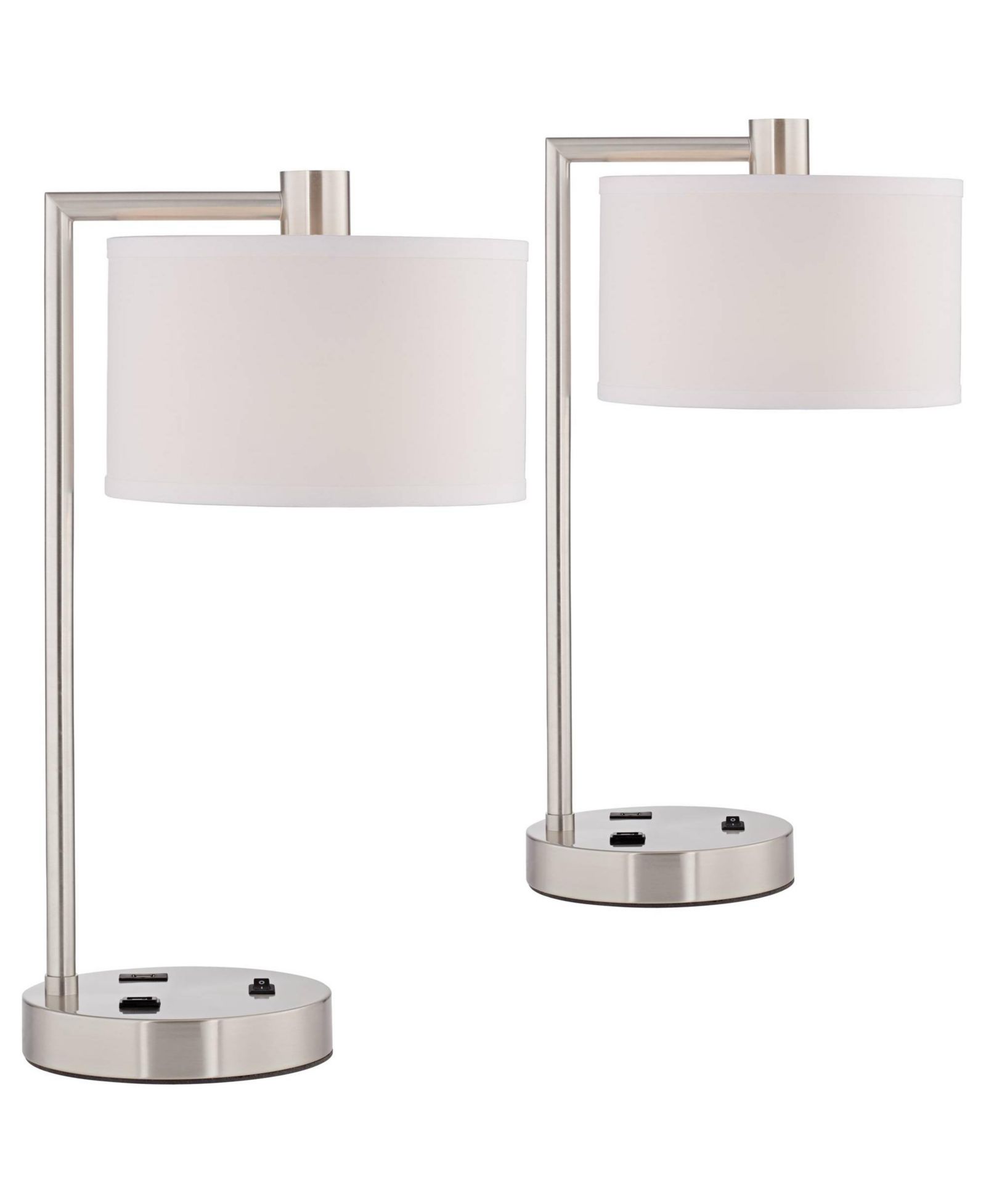 360 Lighting Colby современные настольные лампы, комплект из 2 штук, матовый никель, с USB и розеткой в основании, барабанный абажур для спальни и офиса