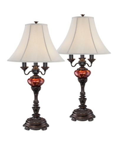 Barnes and Ivy Rhys Tall Traditional 3 Way Table Lamps, Bronze Finish with Tortoise Shell Glass, Set of 2