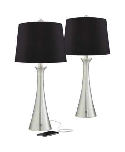 360 Lighting Karl Modern Table Lamps 27 1/2" Tall Set of 2 Brushed Nickel with USB and AC Power Outlet in Base for Bedroom House