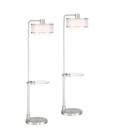 Possini Euro Design Vogue Modern Floor Lamps with Tray Tables 60" Tall Set of 2 Brushed Nickel USB Charging Port Double Shade for Living Room Bedroom
