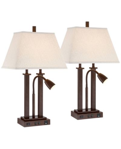 Possini Euro Design Deacon High Industrial Desk Lamps Set of 2 USB Port AC Power Outlet Gooseneck Bronze Finish Metal Charging