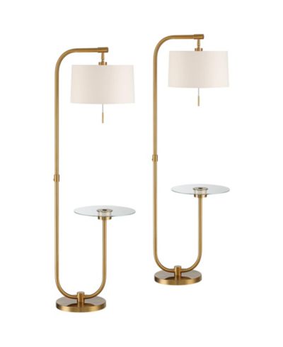 Possini Euro Design Volta Modern Floor Lamps with Tray Tables 66" Tall Set of 2 Brass USB Charging Port Drum Shade for Living Room Bedroom House