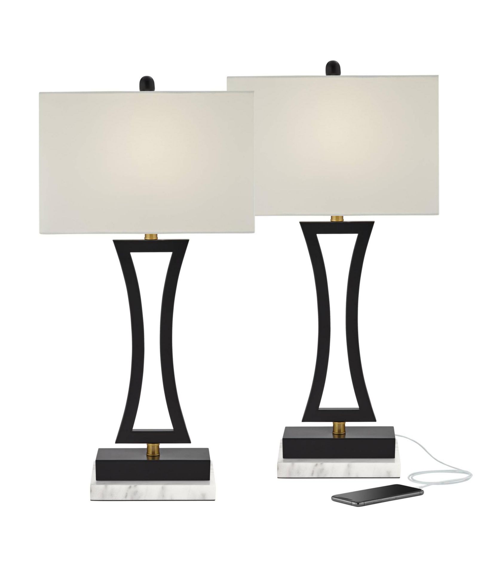 360 Lighting Roxie Modern Table Lamps Set of 2 с мраморным основанием 31" Tall USB Charging Port Rectangular Fabric Shades