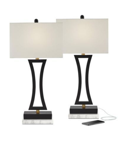 360 Lighting Roxie Modern Table Lamps Set of 2 with Marble Riser 31" Tall USB Charging Port Rectangular Fabric Shades for Bedroom House