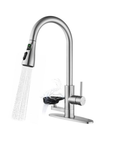 BUSDAYS 3-in-1 Kitchen Faucet with LED Temp Display, Glass Rinser and Pull-Down Sprayer, Brushed Nickel