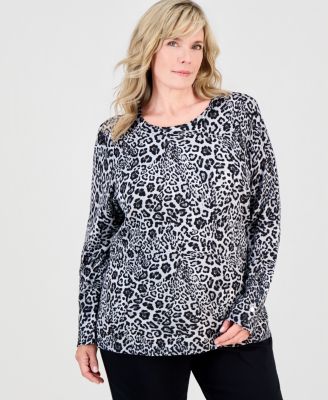 JM Collection Plus Size Bold Leopard Long-Sleeve Crewneck Sweater, Macy's Exclusive