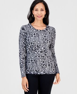 JM Collection Women's Bold Leopard Long-Sleeve Crewneck Sweater, Macy's Exclusive