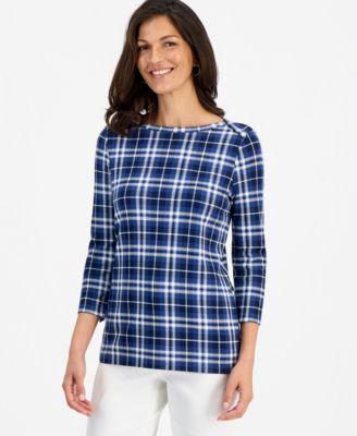 Women's Printed Pima Cotton 3/4-Sleeve Boatneck Top, Created for Macy's