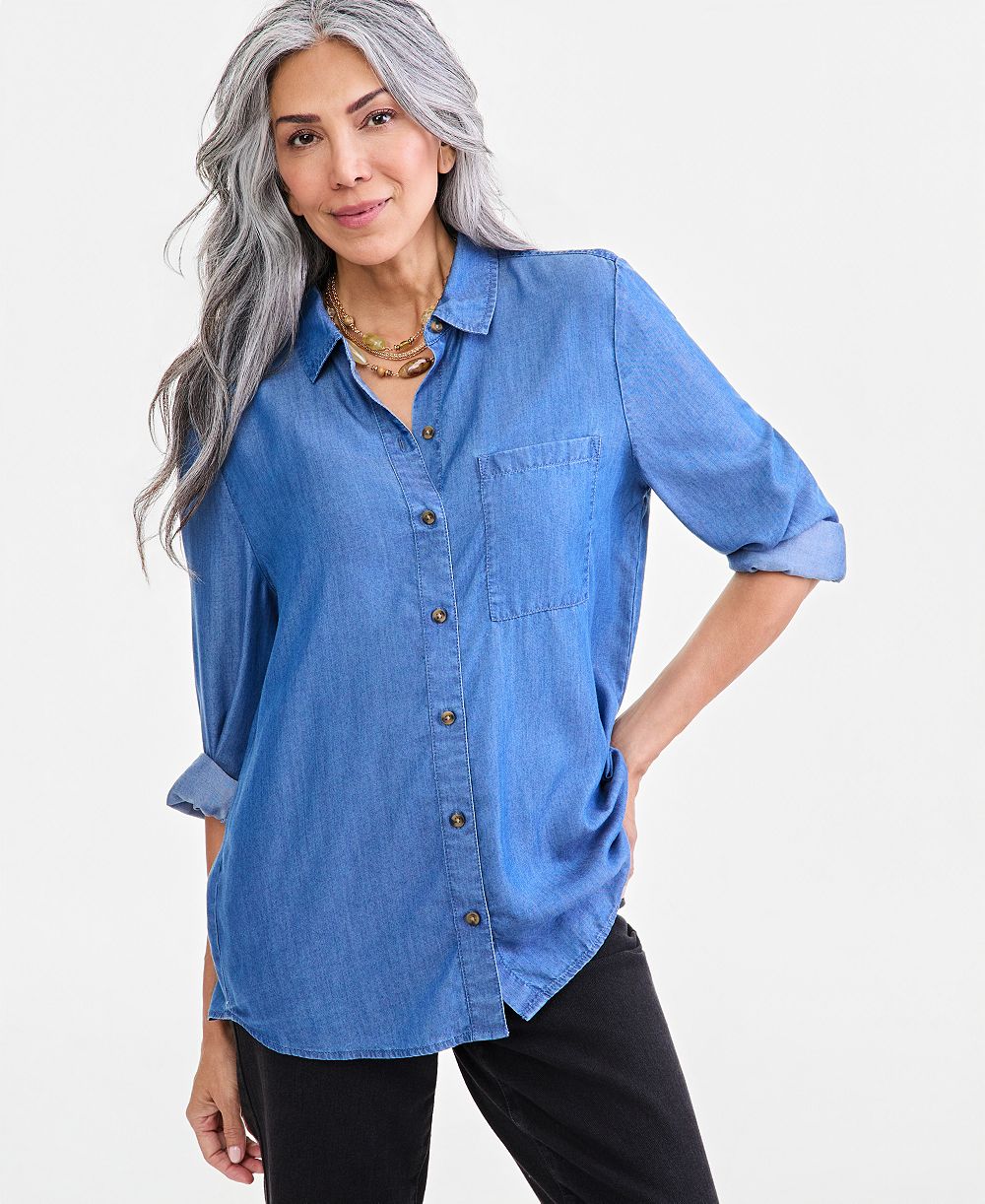 Рубашка Style & Co Petite Long-Sleeve Button-Up из тенселя и лиоцелла