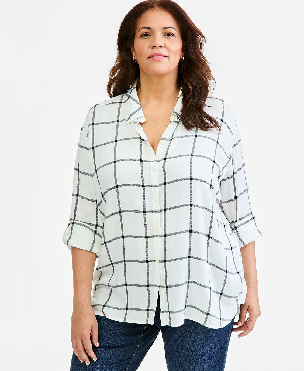 Style & Co Plus Size Plaid Roll-Tab Button-Front Shirt, Macy's Exclusive