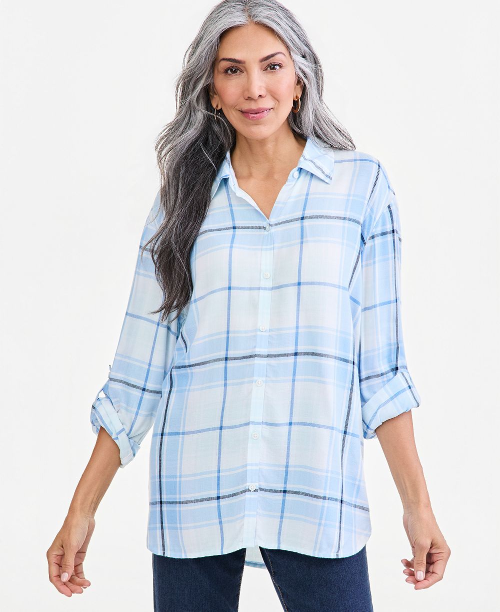 Style & Co Women's Plaid Oversized Roll-Tab Button-Front Shirt, Macy's Exclusive