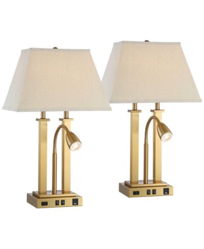Possini Euro Design Deacon 26" High Traditional Desk Lamps Set of 2 USB Port AC Power Outlet Gooseneck Brass Finish Metal Charging