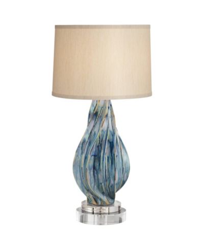 Possini Euro Design Teresa Modern Coastal Table Lamp with Round Riser 32 1/2" Tall Teal  Drip Ceramic Drum Shade for Bedroom Living Room