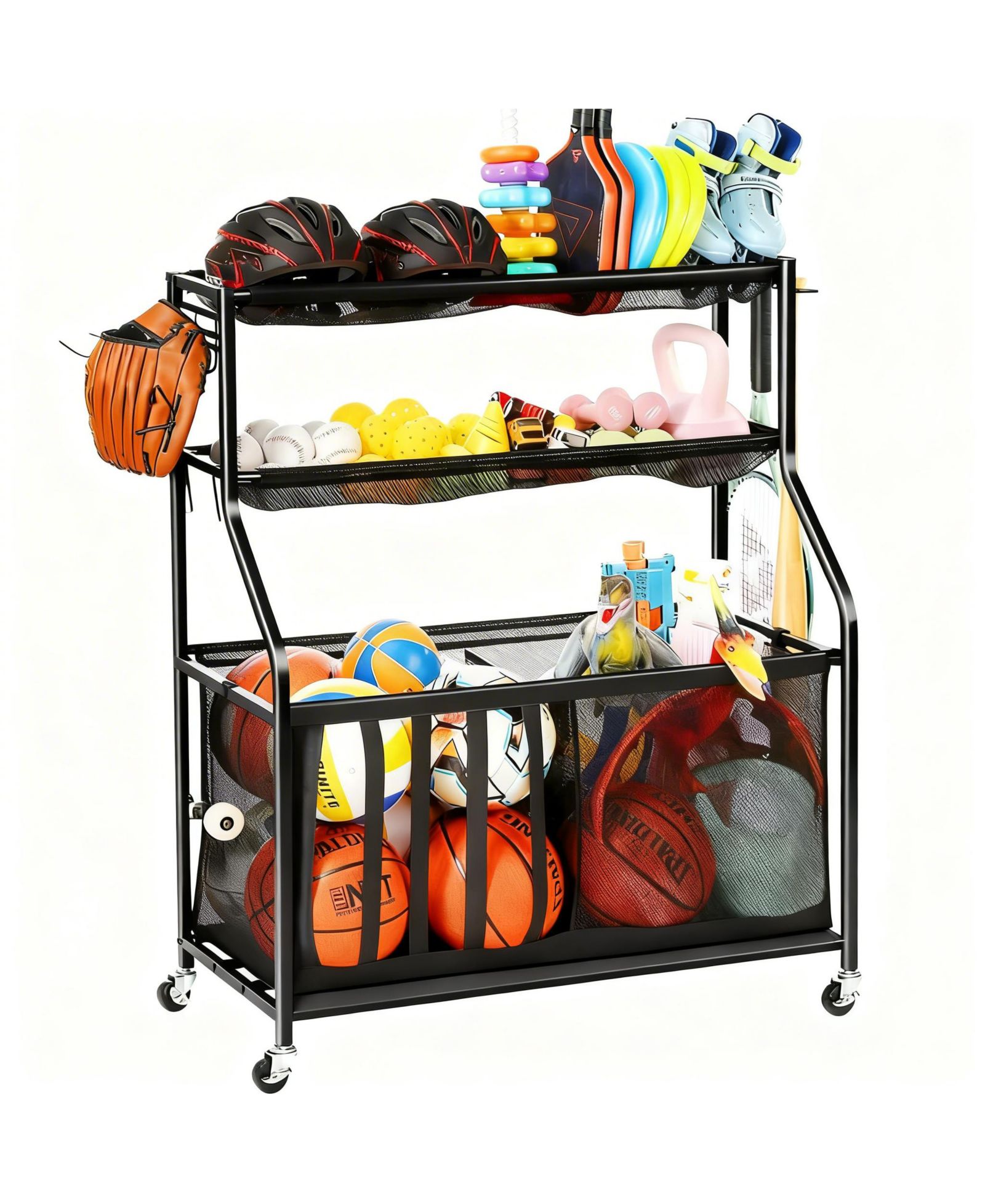 Органайзер Yigii 37 Gallon Ball Storage Bin Steel shelf Baskets Hooks Elastic Straps Wheels