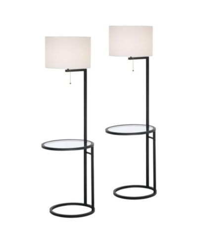 360 Lighting Space Saver Modern Floor Lamps with Tray Table 62" Tall Set of 2 Metal Fabric Drum Shade for Living Room Bedroom Office House