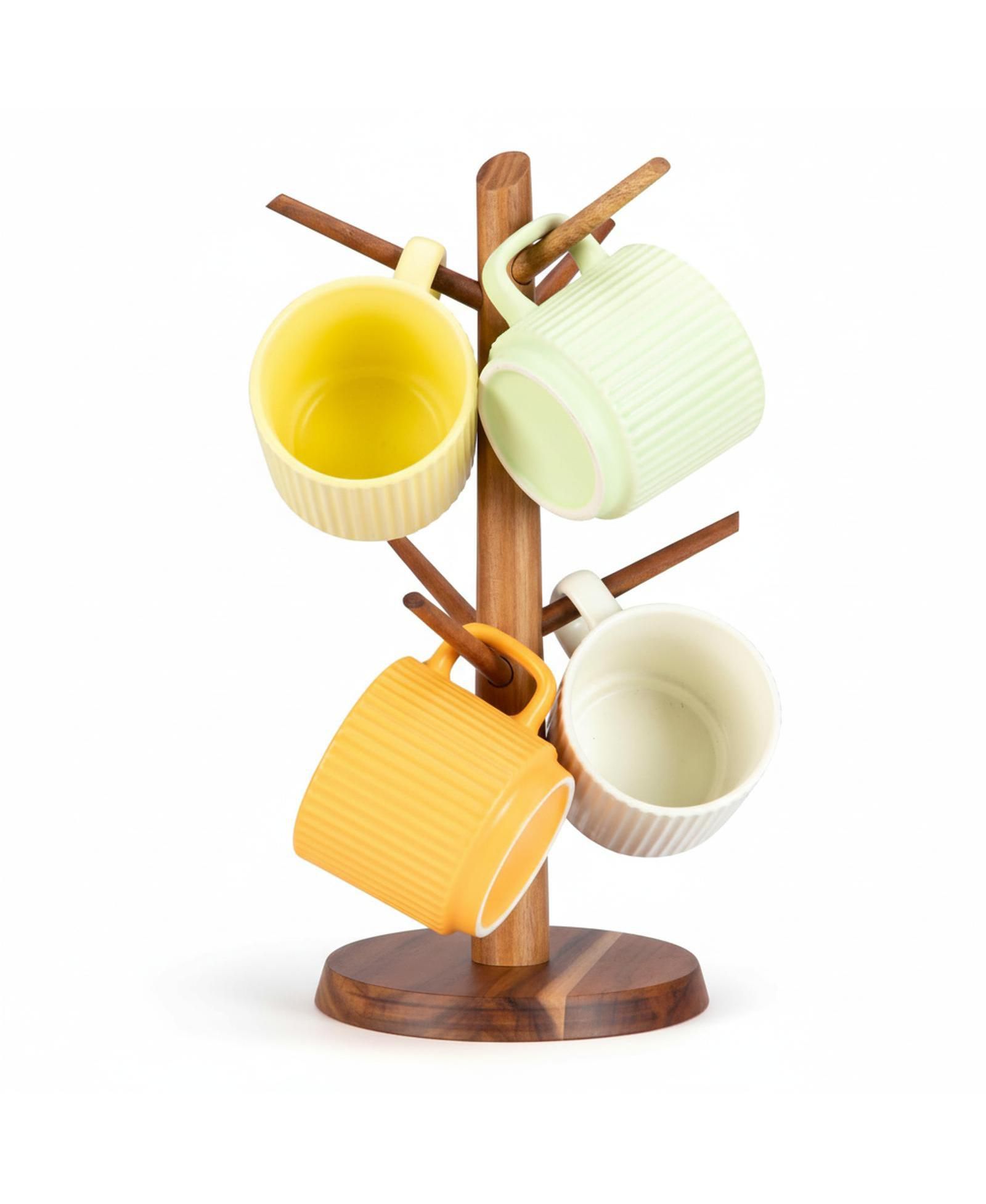 Yigii Premium Wood Mug Tree Marble Base 6 Hooks Counter Organizer