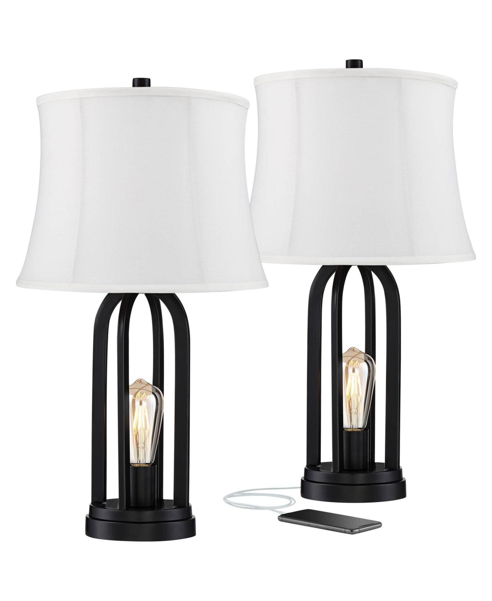 360 Lighting Marcel Industrial Table Lamps 24 1/4" High Set of 2 with USB Charging Port and Nightlight LED Shade for Bedroom Bedside Desk