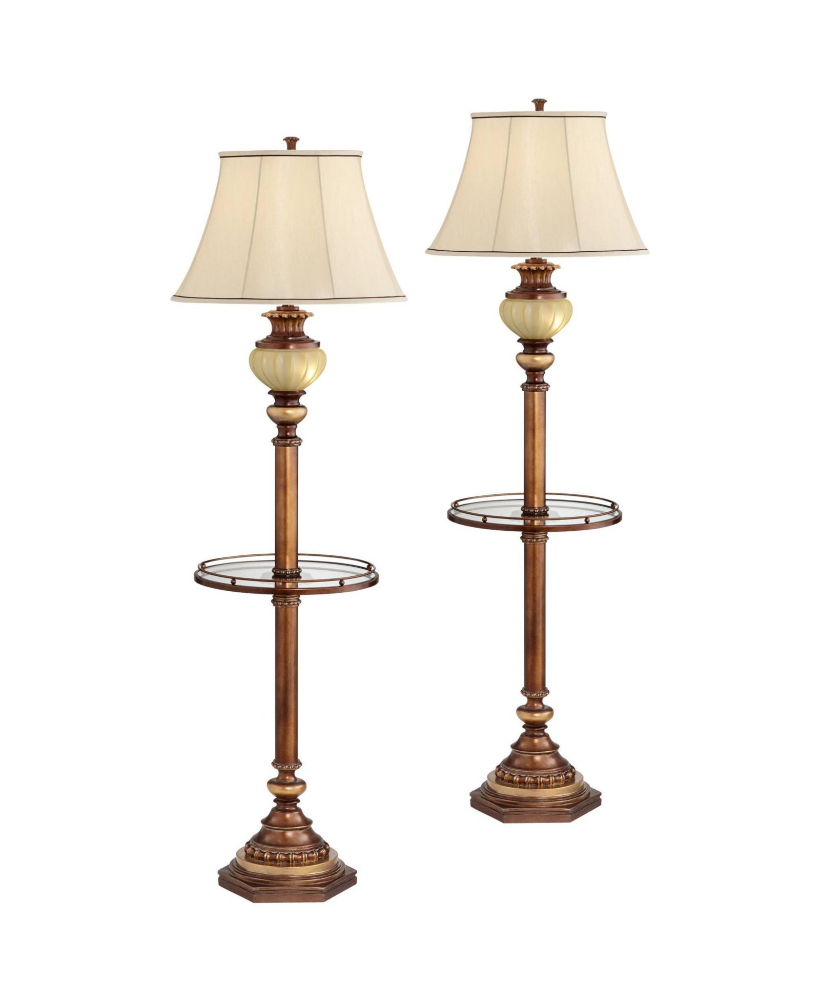 Kathy Ireland Hyde Park Vintage Rustic Floor Lamps with Glass Tray Tables 65" Tall Set of 2