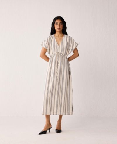 Reistor Women's Maxi Gathered Dress with Side Slits in Stripes