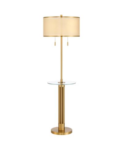 Possini Euro Design Granview Mid Century Modern 66" Tall Standing Floor Lamp with Glass Table USB Port Gold Metal Warm Brass Finish