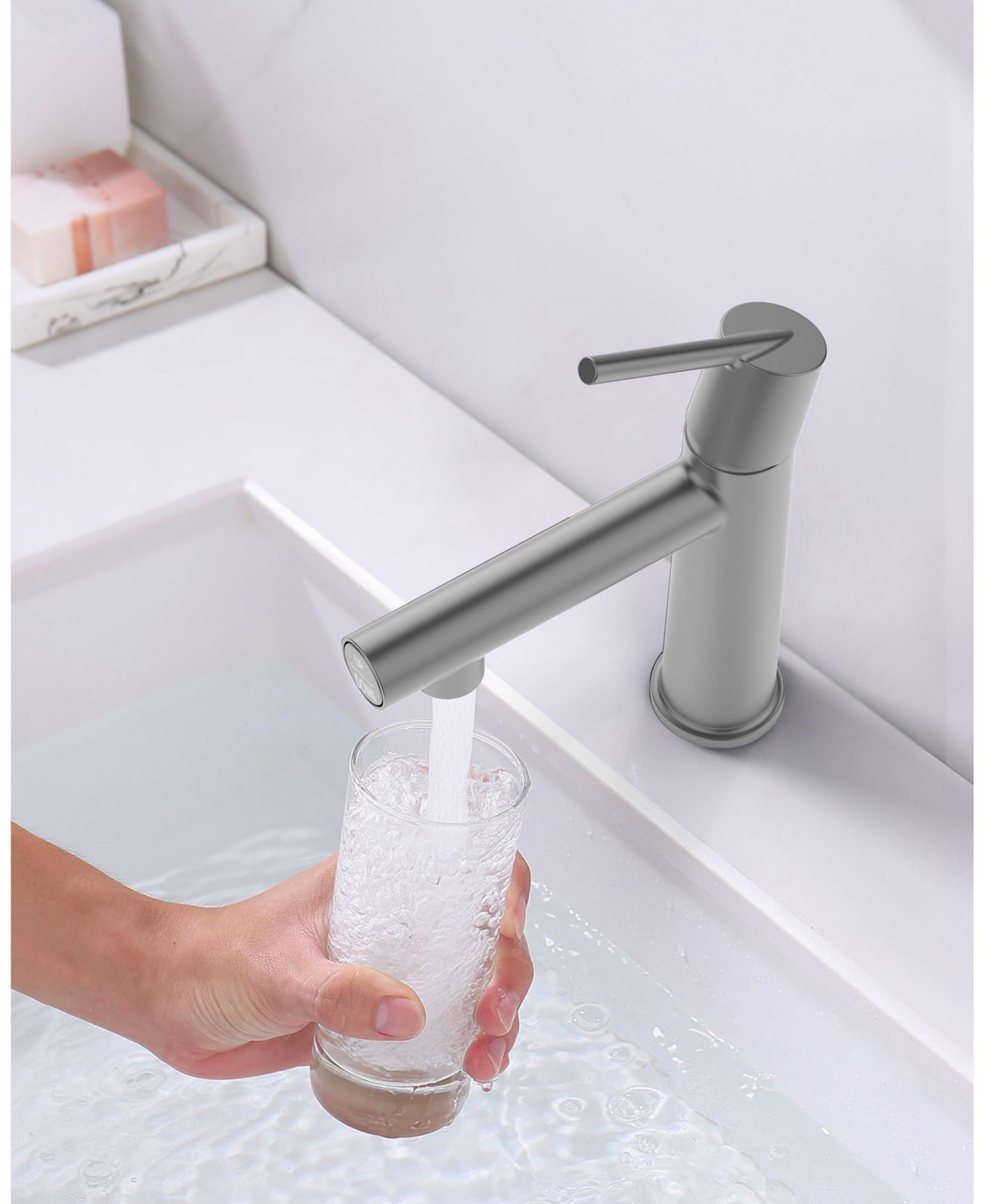 BUSDAYS Gun Gray Single Handle Bathroom Sink Faucet, 1/3-Hole Deck Mount, 2-Way Fountain and Flow Mode, with 9/16" Hoses
