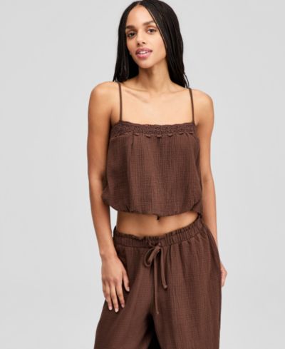 Топ And Now This Women's Cotton Crochet-Trim Bubble-Hem