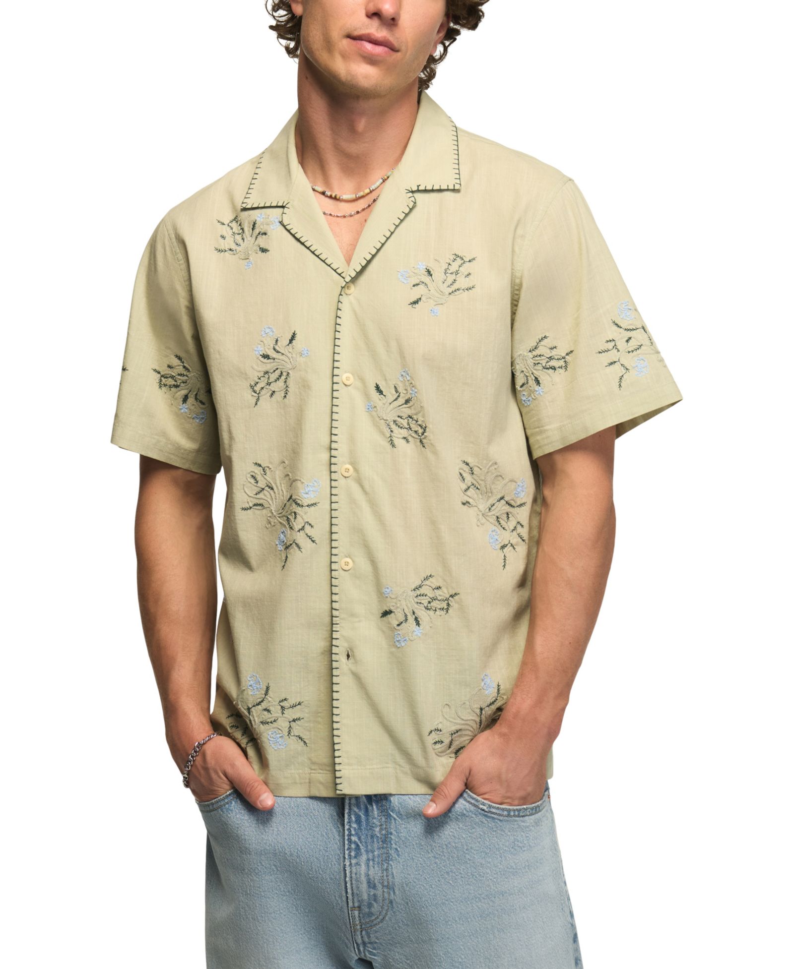 Lucky Brand Men's Embroidered Floral Camp Collar Shirt