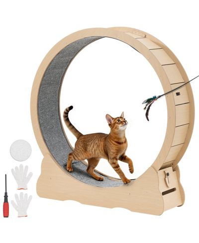 COZITO 48" Wooden Cat Exercise Wheel with Carpeted Runway and Locking Mechanism