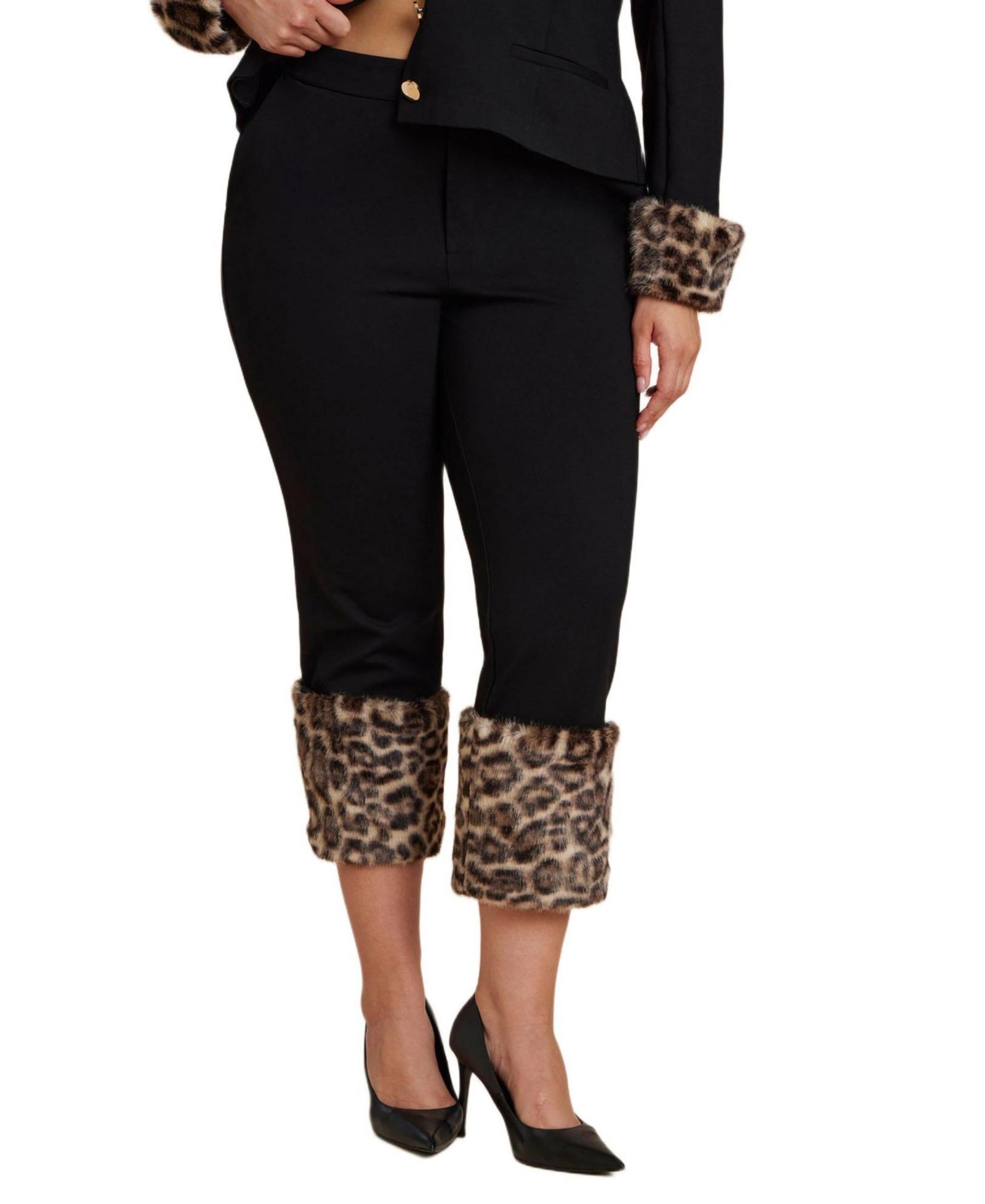 ELOQUII Women's Leopard Faux Fur Trim Pant