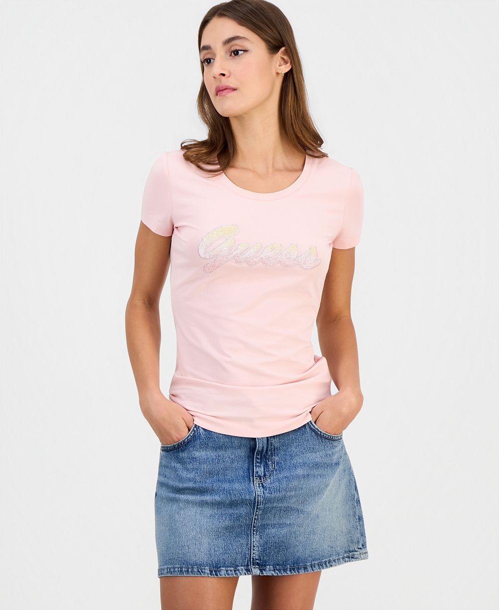 GUESS Women's Short-Sleeve Crewneck Degrade Paillette Logo T-Shirt