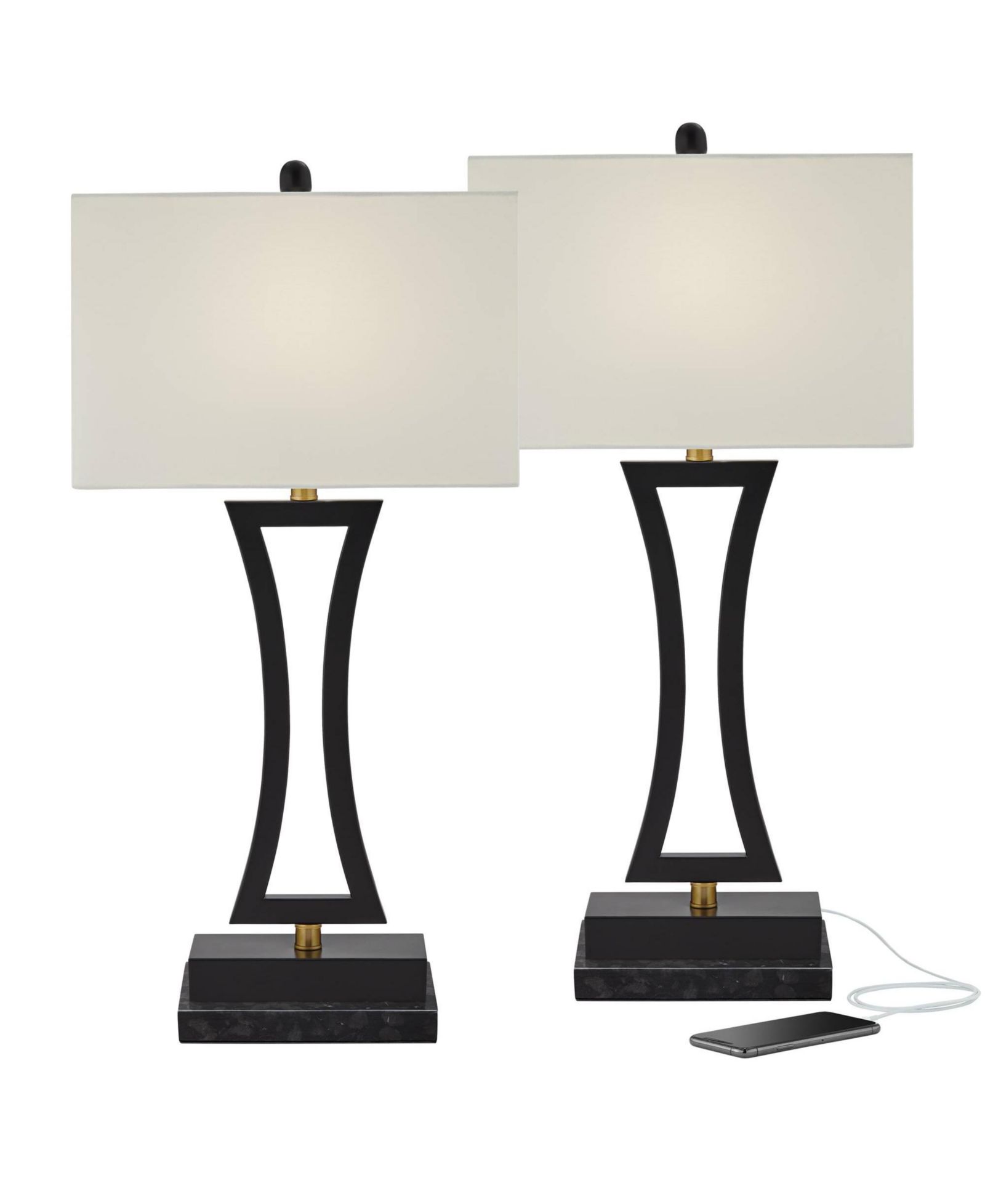 360 Lighting Набор из 2 настольных ламп Roxie Modern с мраморными основаниями, высотой 31", металлической USB-станцией и тканевым абажуром
