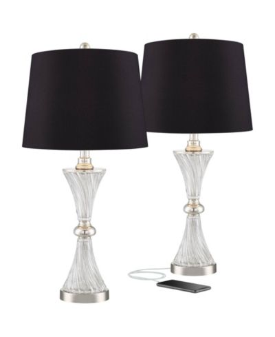 Regency Hill Luca Modern Table Lamps 25 1/2" High Set of 2 Clear Glass with USB Charging Port Faux Silk Shade for Bedroom Living Room Home Desk