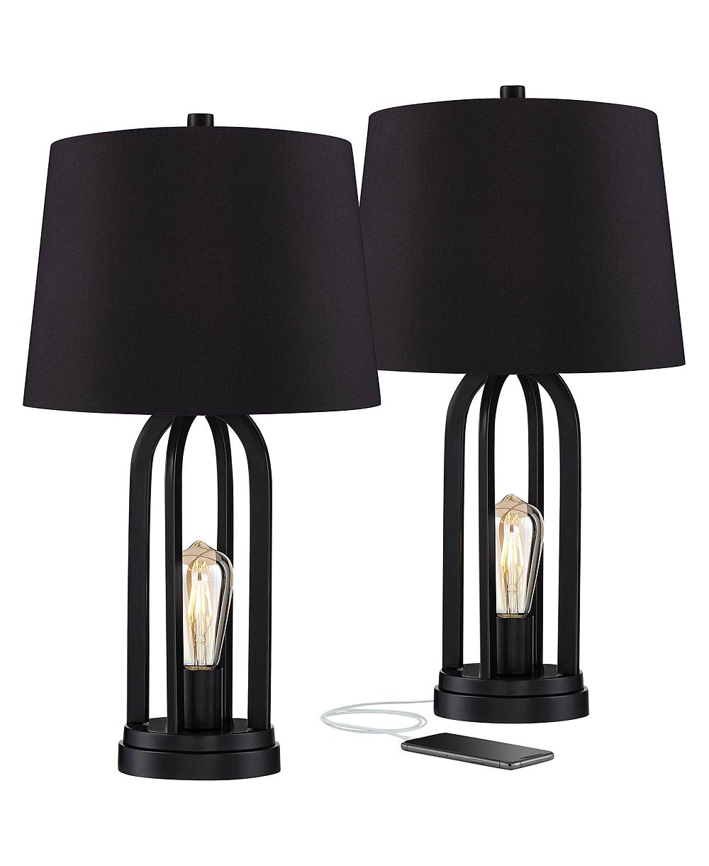 360 Lighting Marcel Industrial Table Lamps High Set of 2 with USB Charging Port and Nightlight LED Drum Shade for Bedroom Bedside Desk