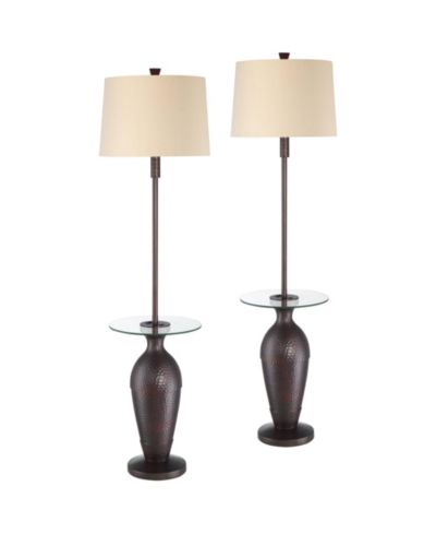 Regency Hill Fallon Rustic Industrial Floor Lamps with Tray Table 66" Tall Set of 2 Bronze Hammered USB and Outlet Oatmeal Shade