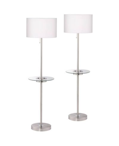 360 Lighting Caper Modern Floor Lamps with Tray Table 60 1/2" Tall Set of 2 USB and Outlet Fabric Drum Shade for Living Room
