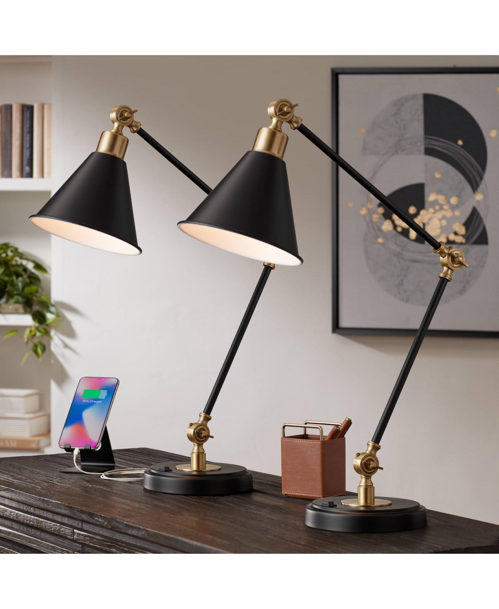 Набор индустриальных настольных ламп 360 Lighting Wray 26 3/4" с USB-портом, латунный финиш
