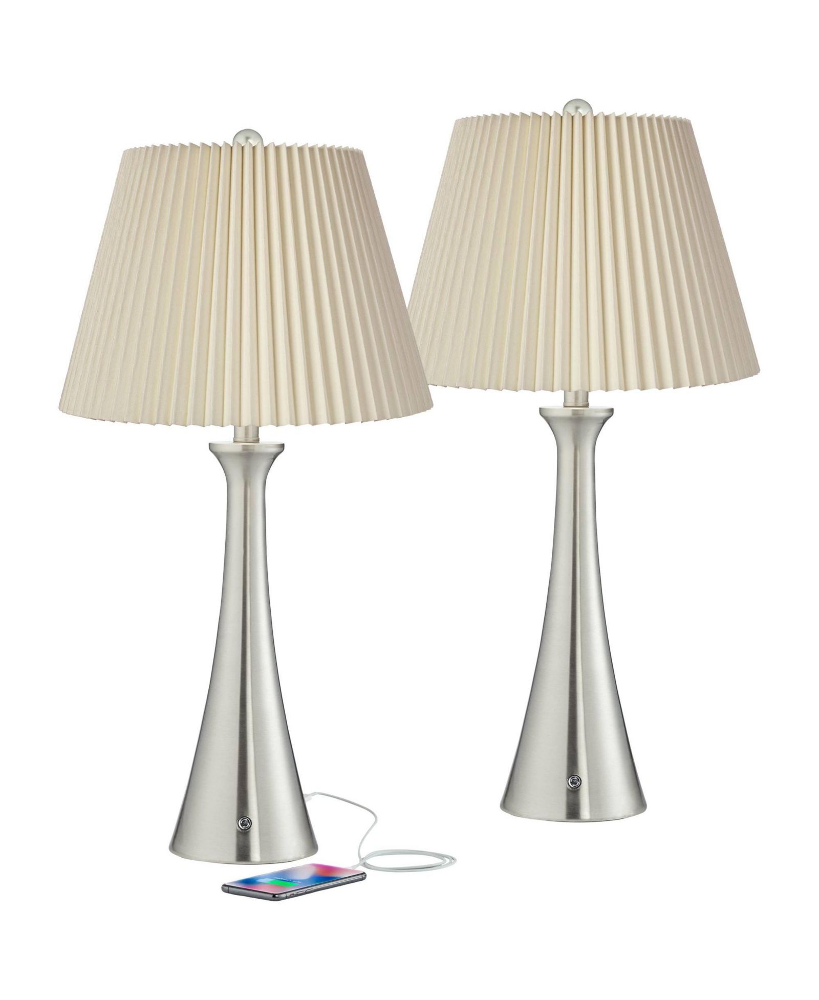 360 Lighting Karl Modern Table Lamps 27 1/2" Tall Set of 2 Brushed Nickel with USB Charging Port Dimmers Ivory Pleat Shade for Bedroom Bedside House