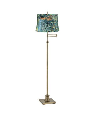 Regency Hill Swing Arm Floor Lamp Adjustable Height 70" Tall Antique Brass Peacock Print Drum Shade Living Room Reading Bedroom