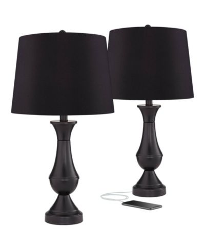 Regency Hill Traditional Table Lamps 25" High Set of 2 with USB Port Bronze Metal LED Touch On  Faux Silk Drum Shade for Bedroom Living Room