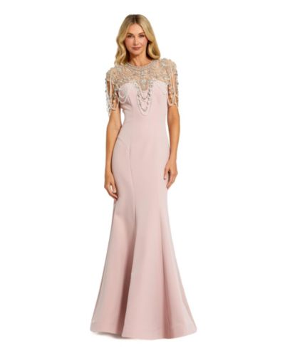 Mac Duggal Women's Pearl Beaded Draped Mermaid Evening Gown